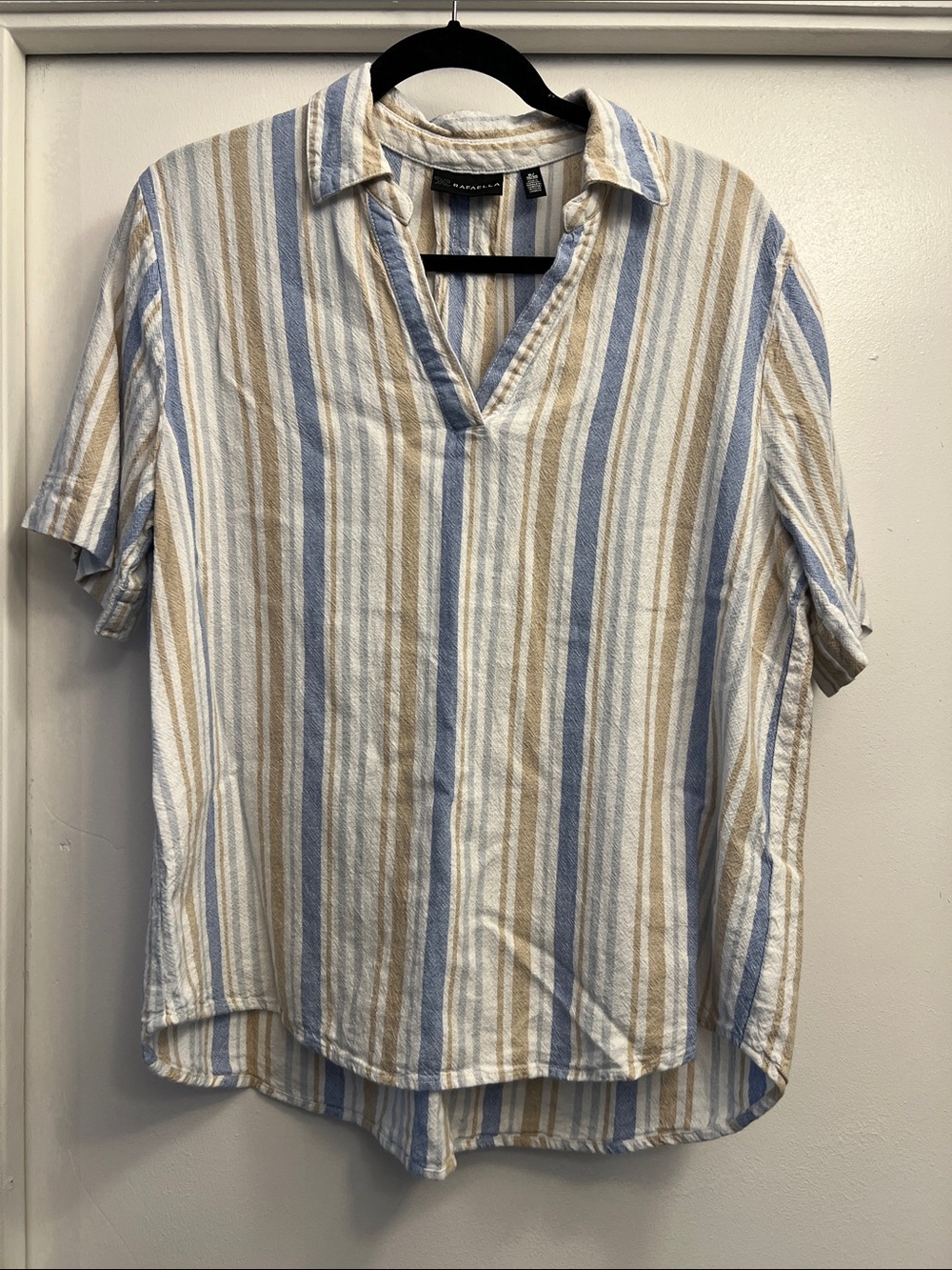 Rafaella Linen Blend Short Sleeve Popover Blue/Tan/White Stripe Size XL